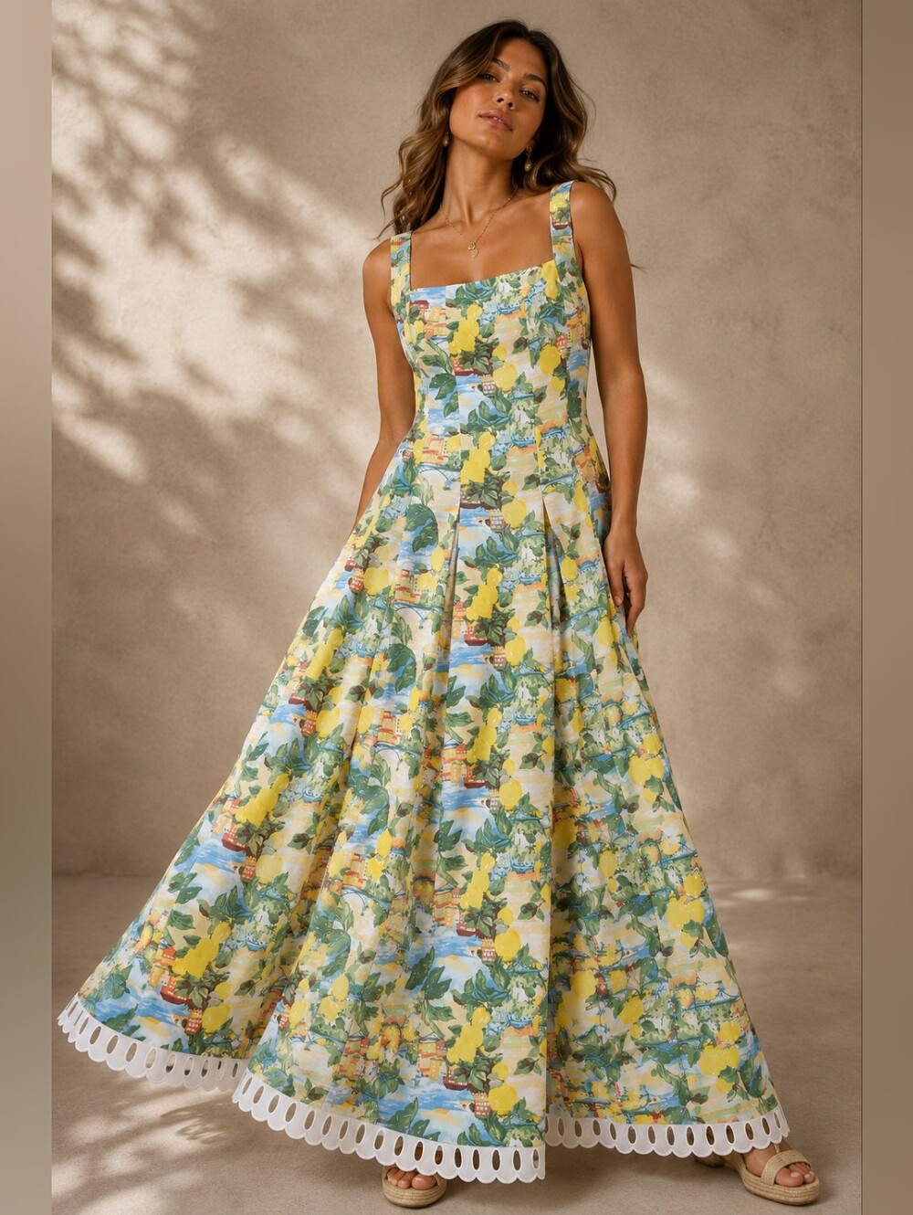 Lemon Print Cotton Maxi Dress XXL | Mediterranean Summer Dress